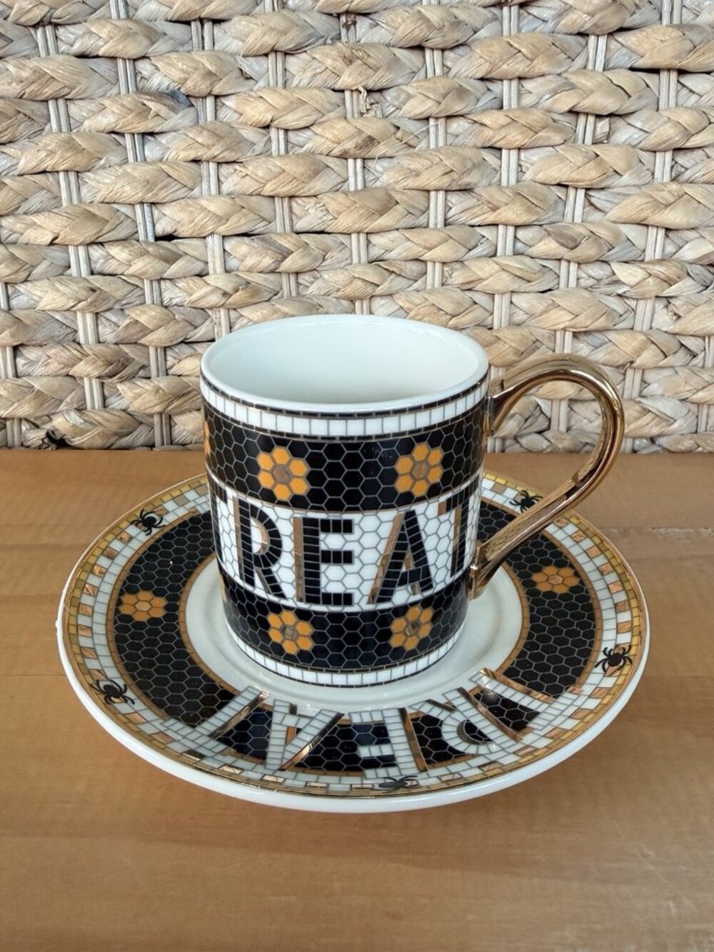 NEW Anthropologie Bistro Tile Bat Cup & Saucer Halloween Collection